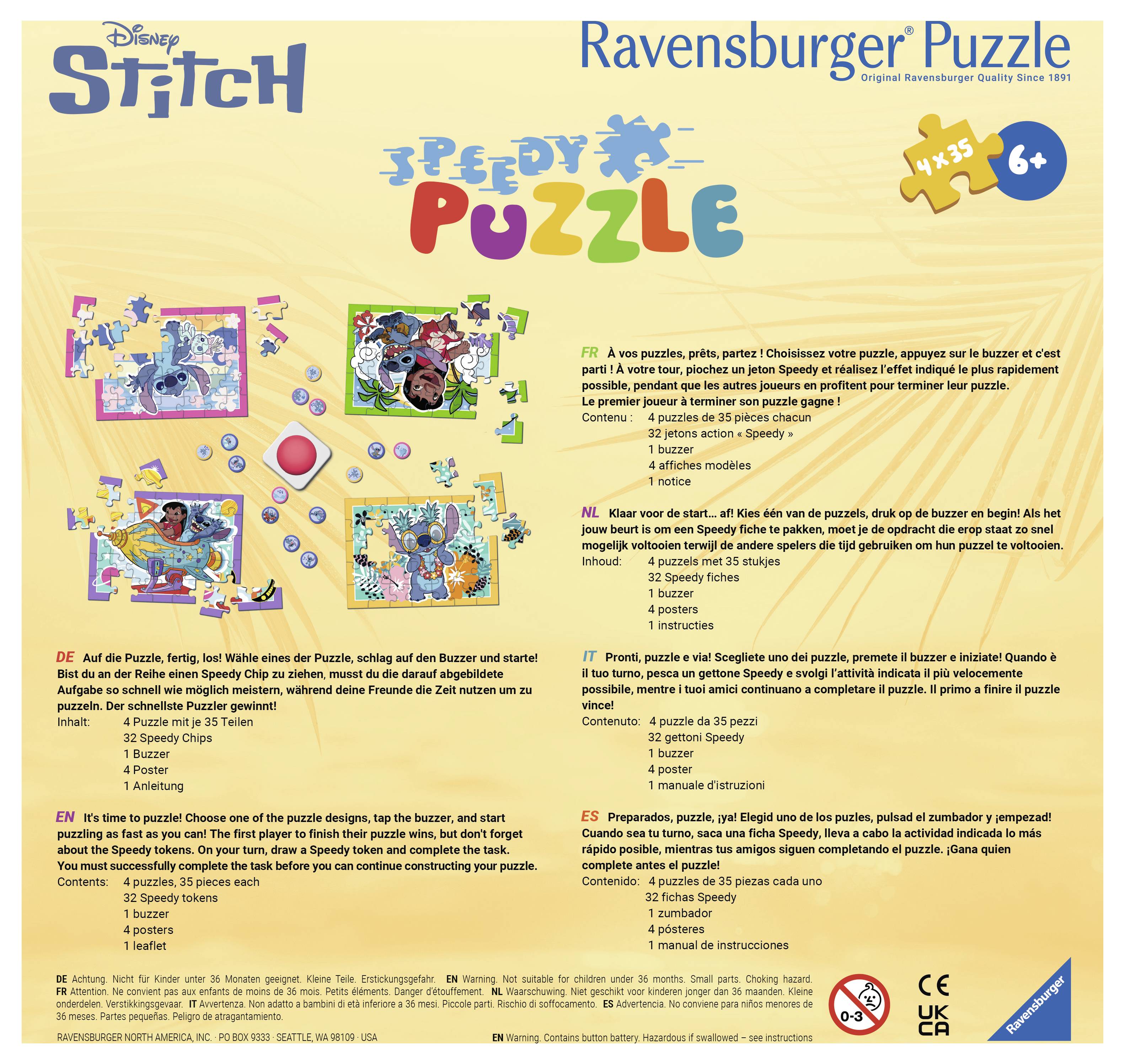 Navodila za sestavljanje Disney Stitch Ravensburger sestavljanke v štirih jezikih. Vsebuje 49 kosov. Prikazana so pravila igre in ilustracije.