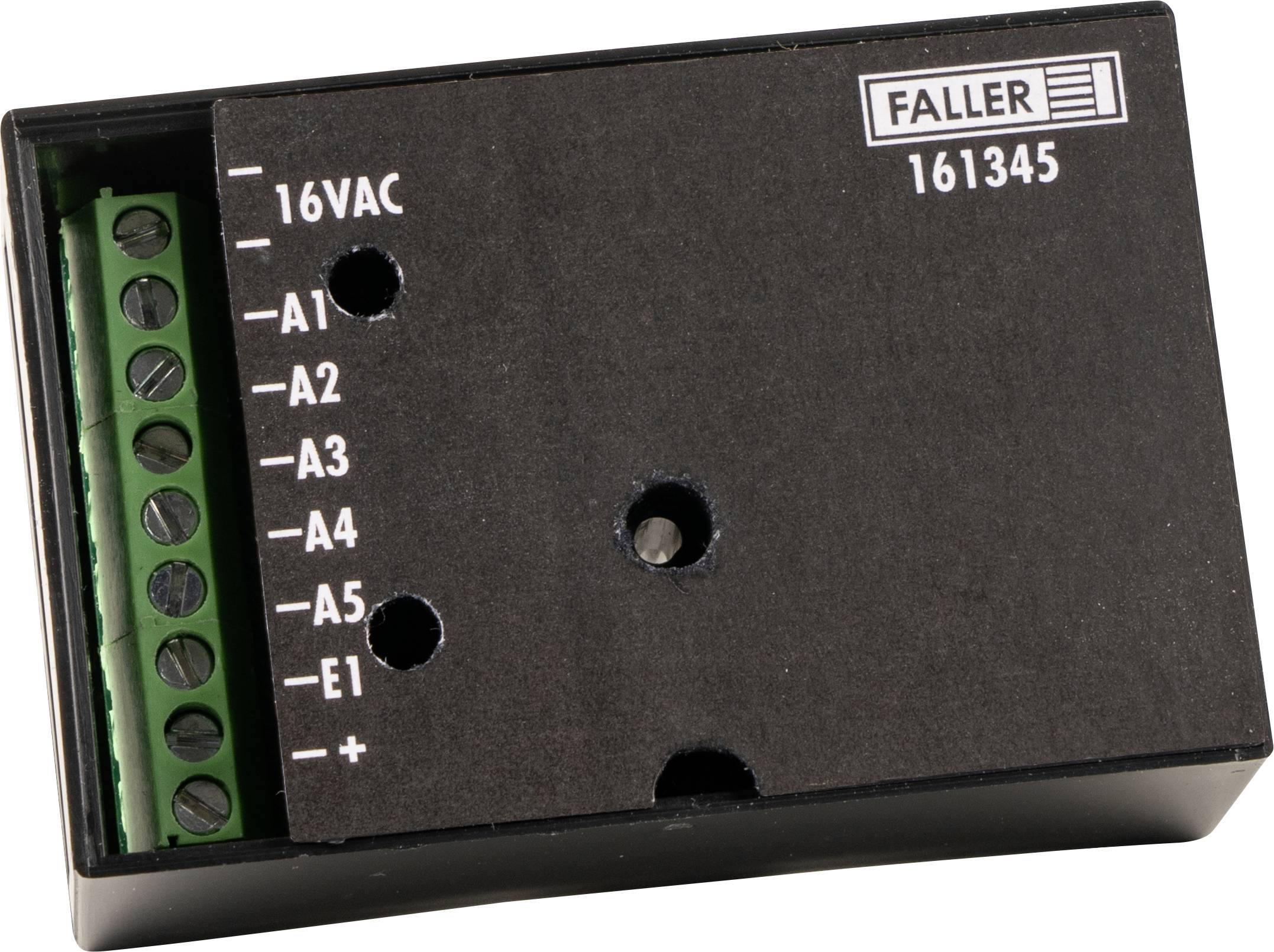 'FALLER 161345' modelarska komponenta, prikazuje priključke za 16VAC in več kanalov (A1-A5, E1), z vijačnimi sponkami na levi strani.