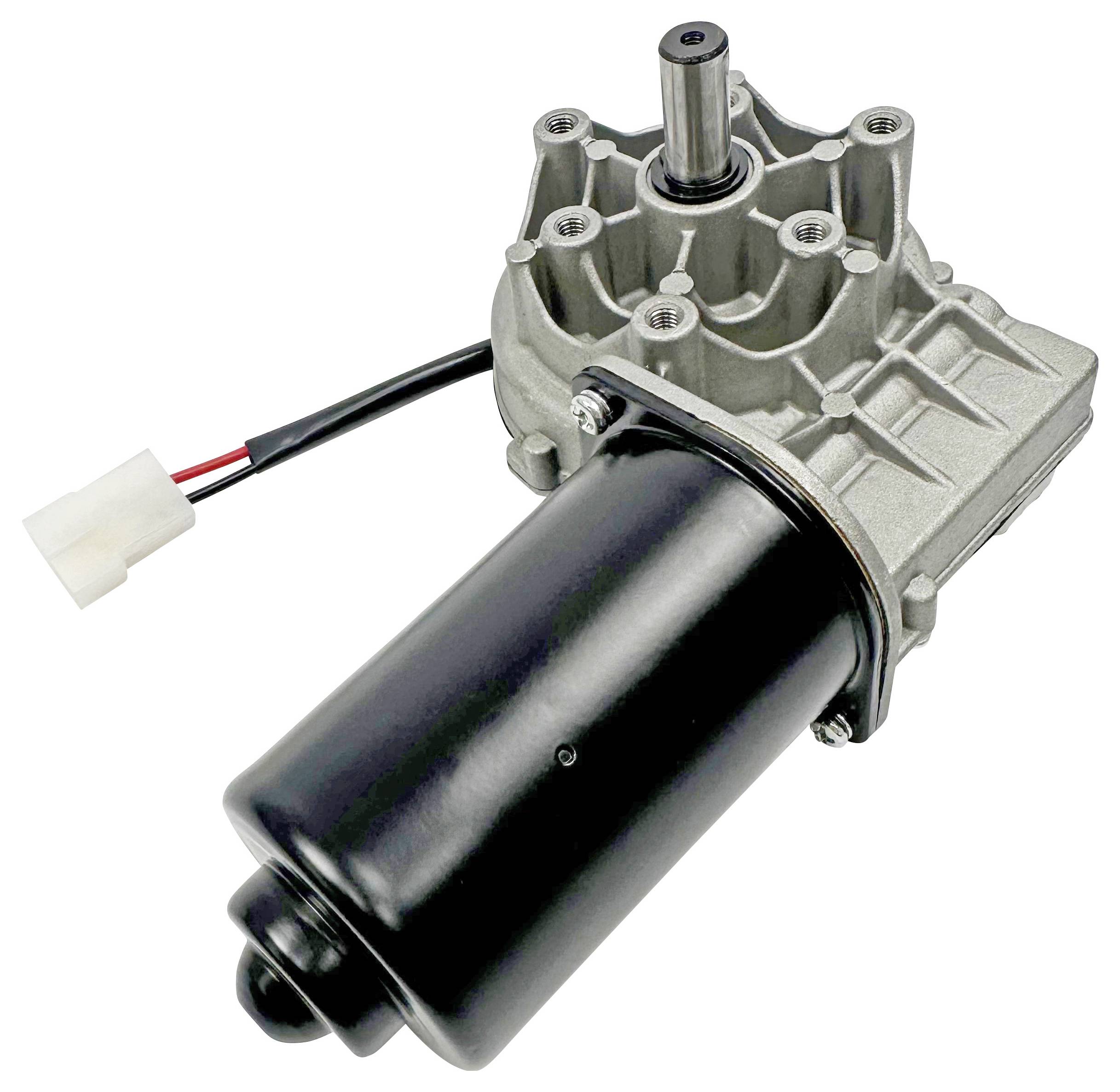 Elektromotor s pritrjenim reduktorjem in veznim priključkom na beli podlagi.