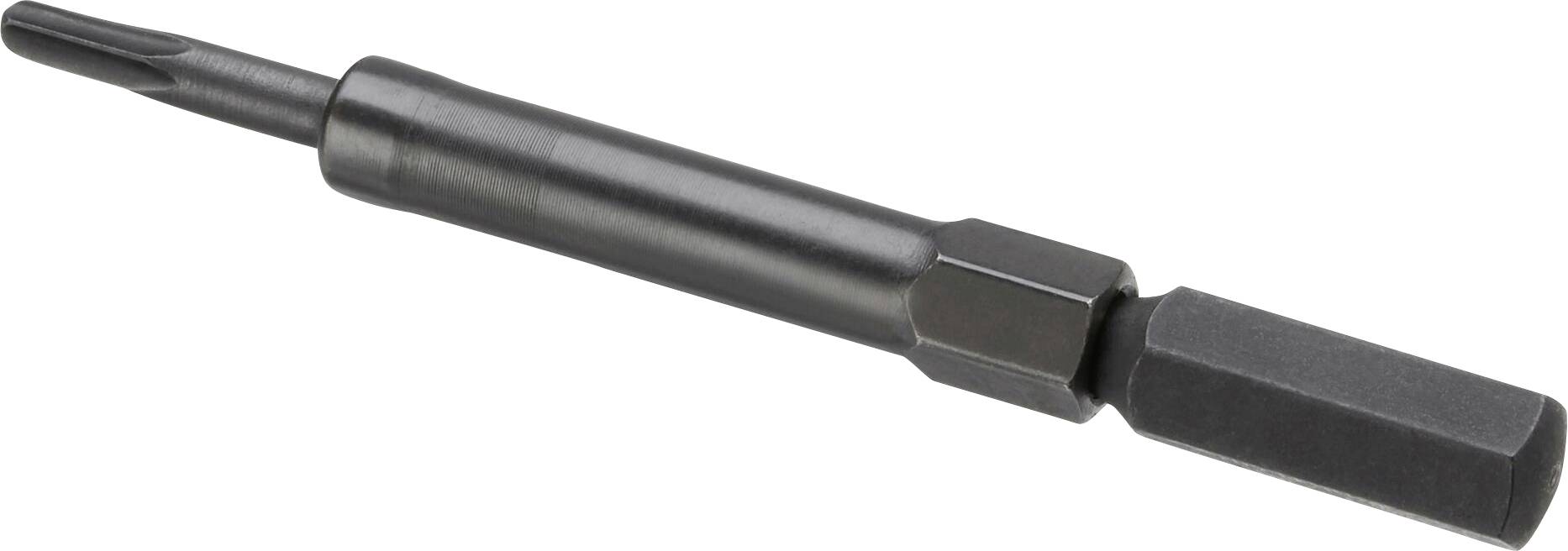 Črn torx nastavek za izvijač z šestrobnim ročajem leži diagonalno na beli površini.