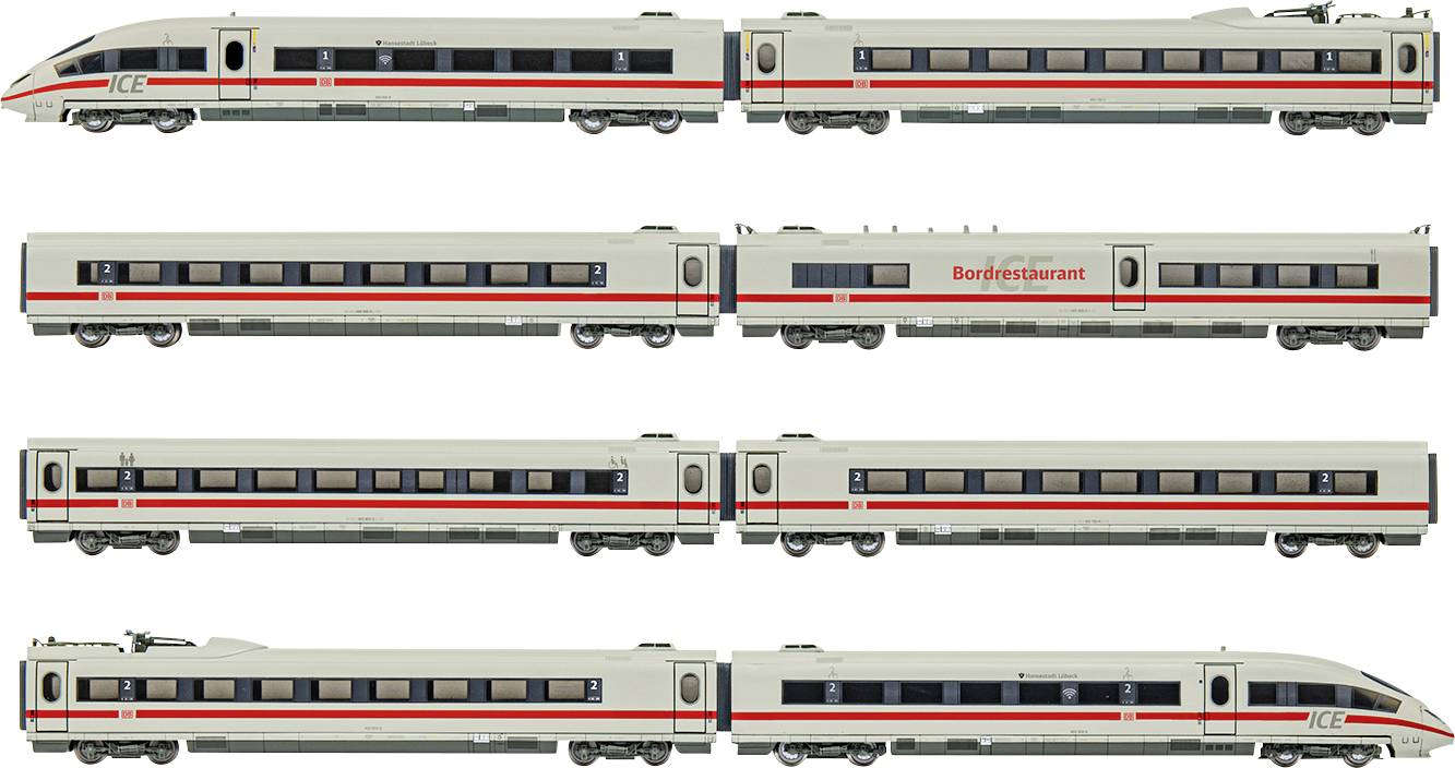 ICE (Intercity-Express) vlak v stranskem pogledu. Vidnih je več vagonov, vključno z restavracijo na vlaku v dizajnu Deutsche Bahn.
