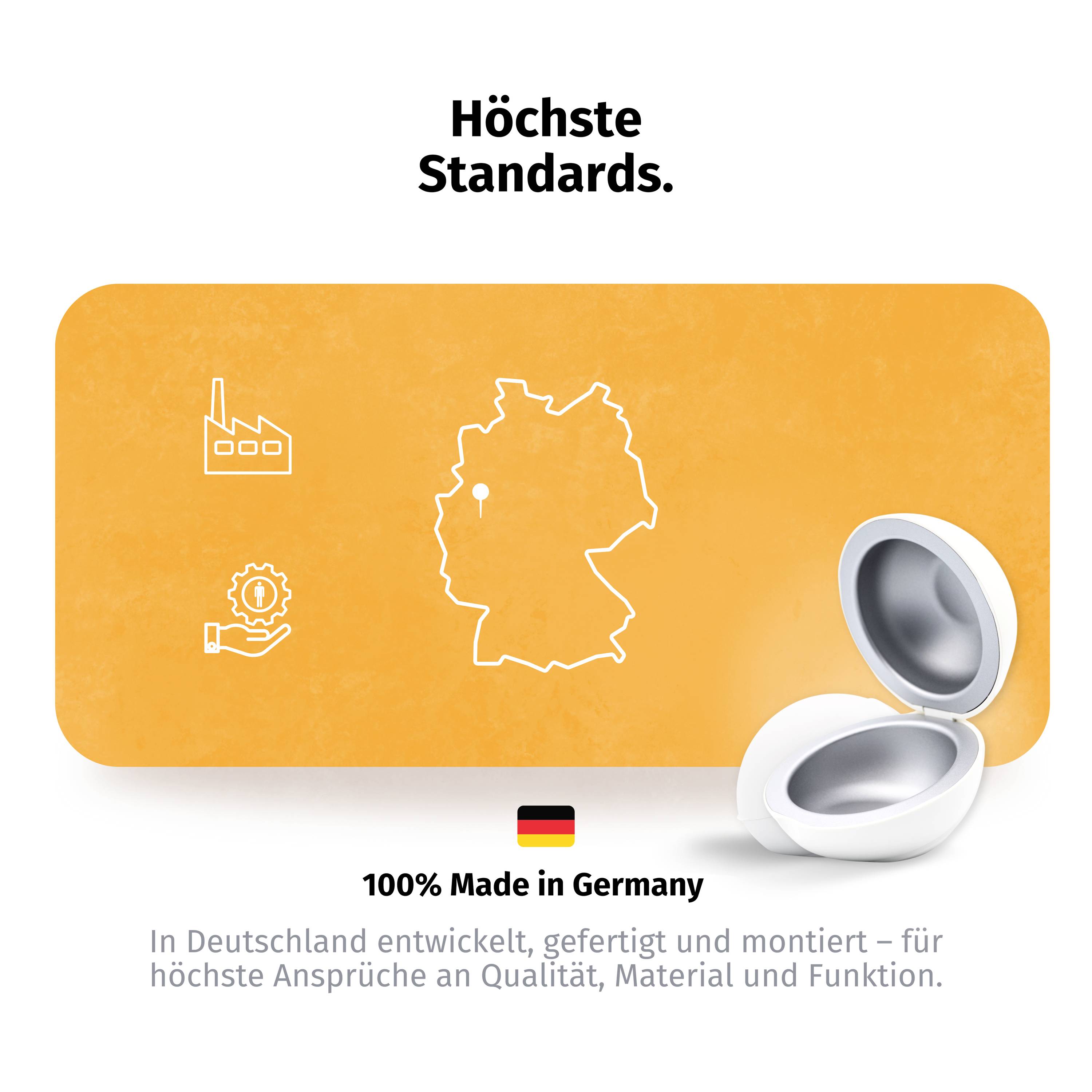Obris karte Nemčije z industrijskimi in zobniškimi simboli. Besedilo: 'Najvišji standardi. 100% Made in Germany.'