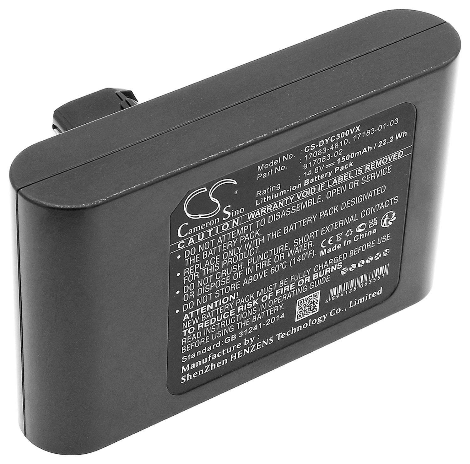Črna baterija z natisnjenimi podrobnostmi: model CS-DYC300VX, litij-ionska, 7,2V, 1830mAh, z varnostnimi navodili za ravnanje.