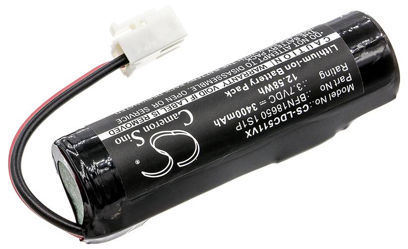 Cilindrična litij-ionska baterija s kablom in vtičem, verjetno za elektronsko napravo.