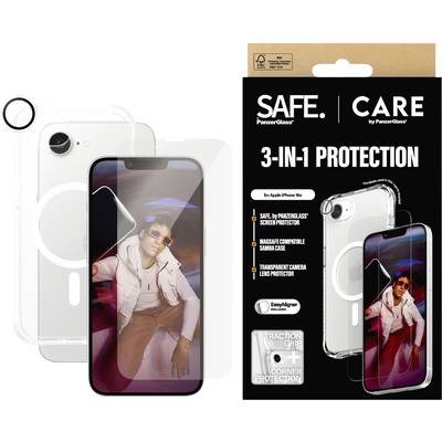'3-v-1 zaščitni komplet za iPhone 14 z VARNOSTJO. | SKRBJO od PanzerGlass, vključno z zaščitnim steklom, ovojem MagSafe in zaščito objektiva kamere.'