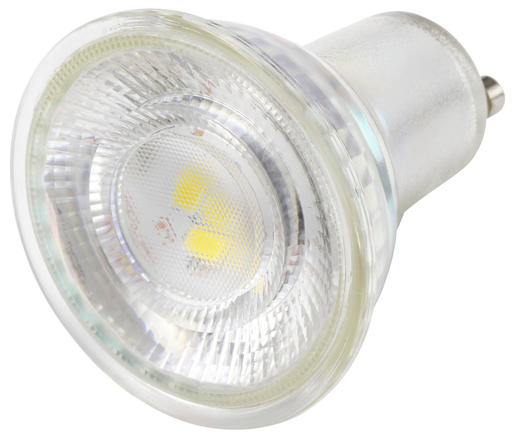 Detajlni pogled na LED svetilko s prozorno lečo in vidnimi diodami v notranjosti. Svetilka ima kovinsko podnožje in izgleda energijsko učinkovita.