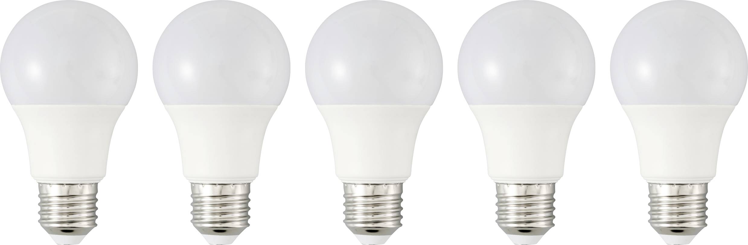 Pet enakih LED žarnic v vrsti, prikazanih s stranske strani, z vidnimi srebrnimi podstavki, na beli podlagi.