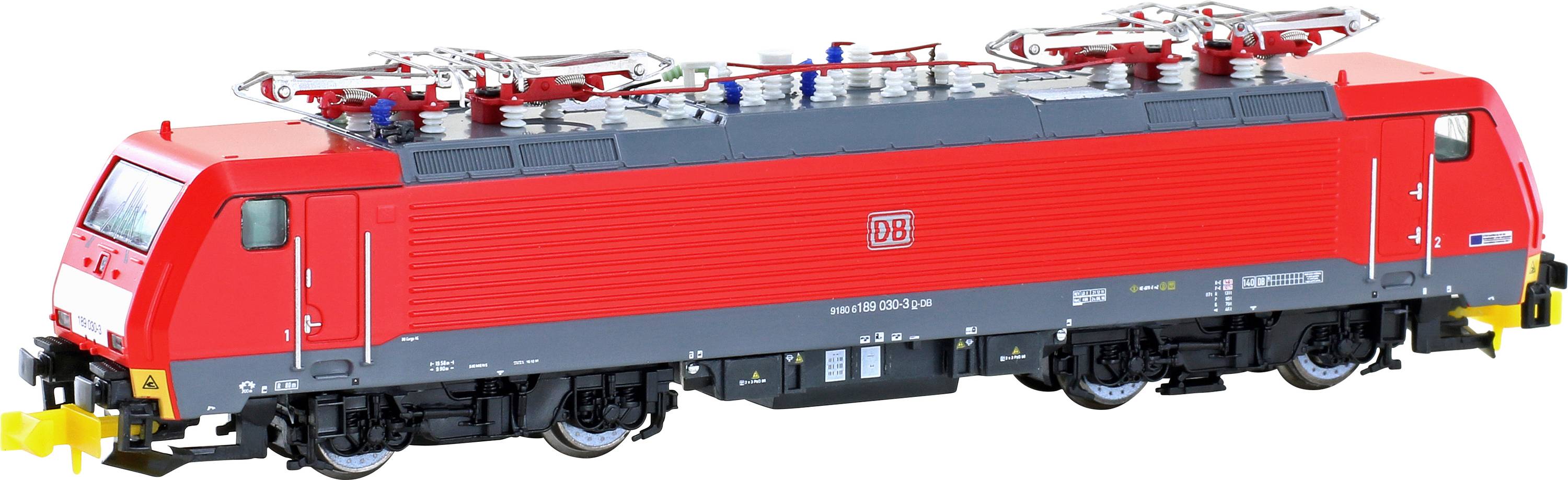 Rdeči model električne lokomotive z napisom 'DB'. Vidni so detajli, kot so podvozja, tokosnemniki in napisi.