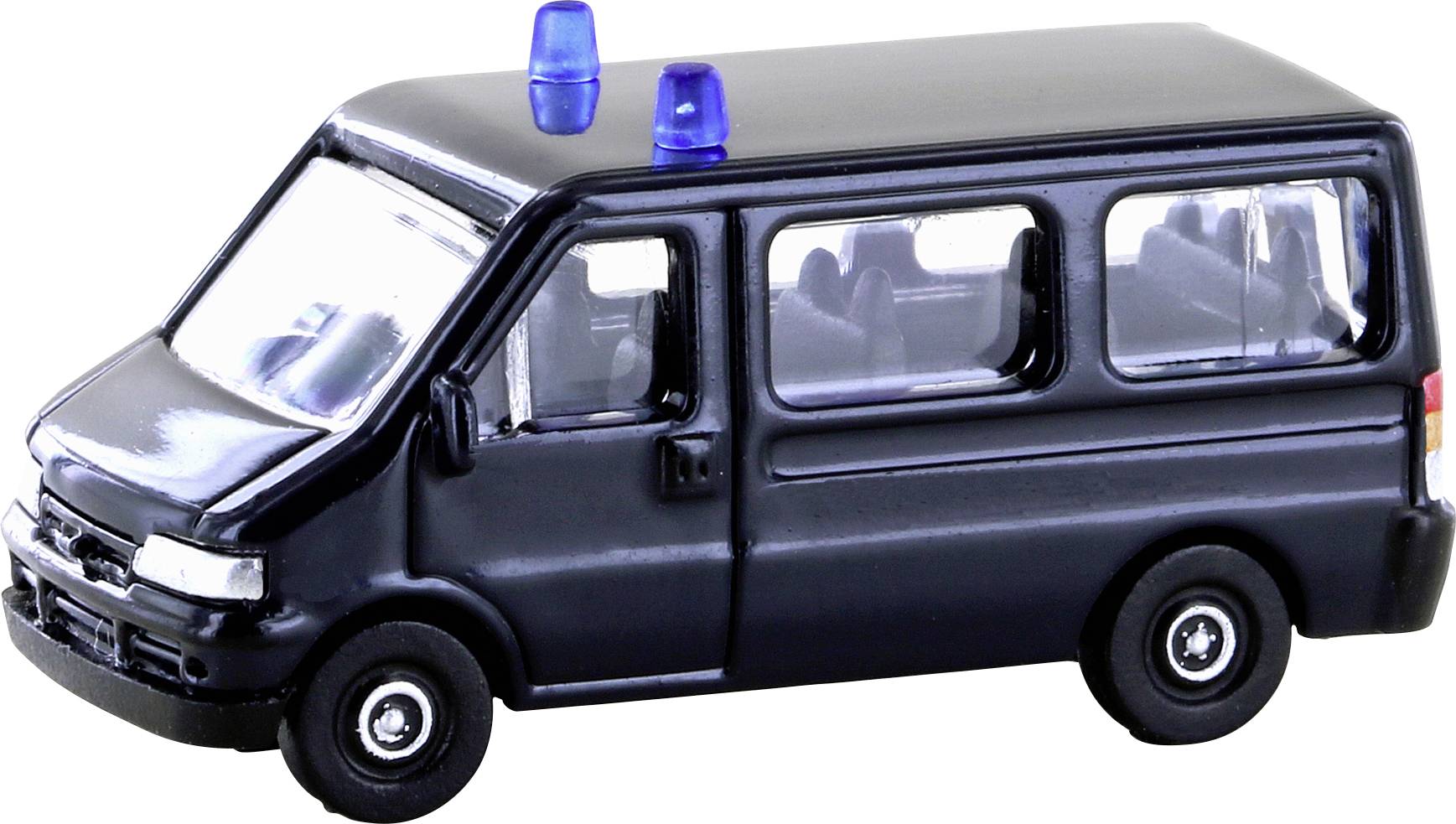 Črn model policijskega vozila z modrimi lučmi na strehi, prikazan s strani.