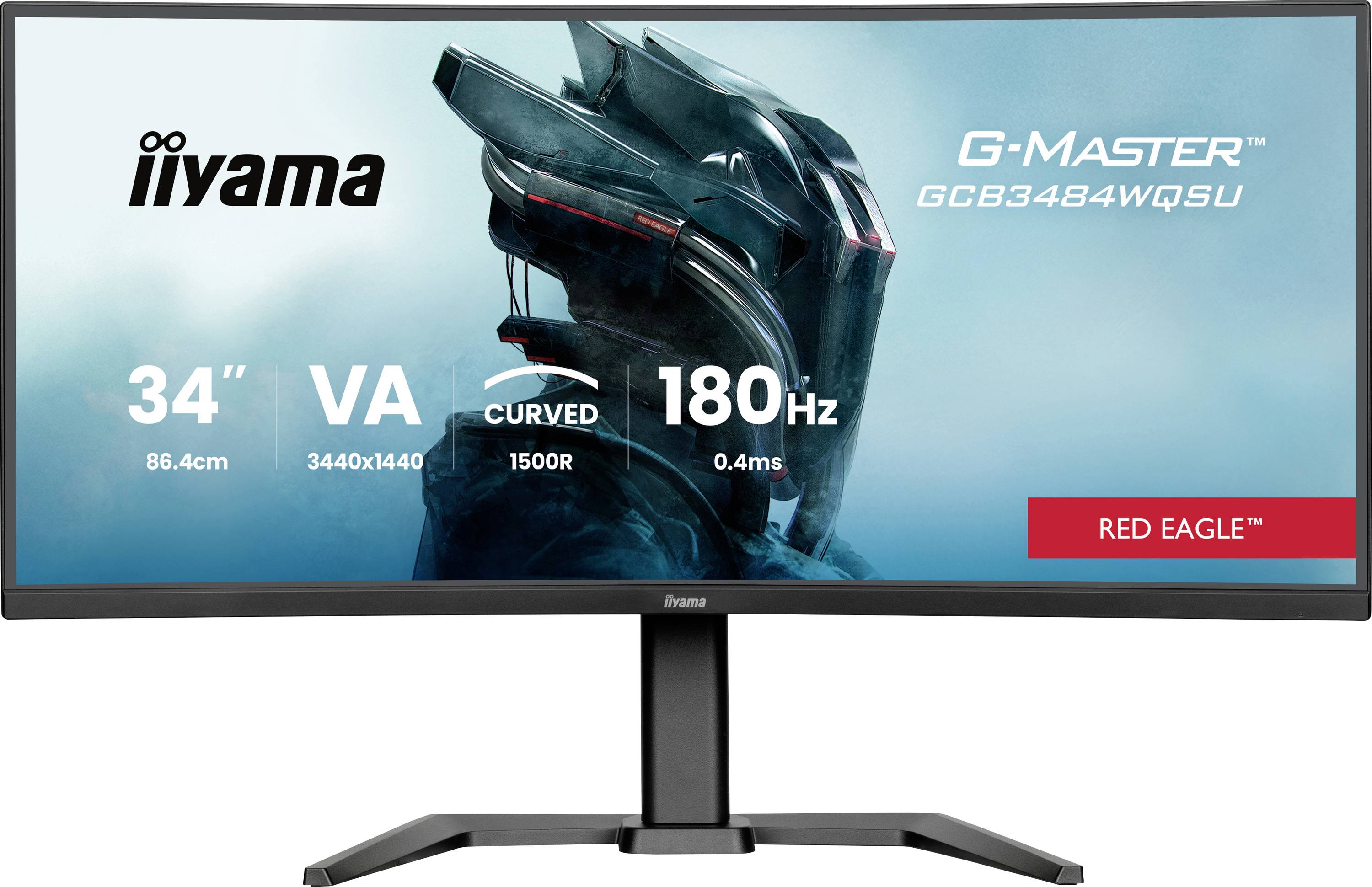 Ultraširok monitor z ukrivljenim 34-palčnim zaslonom, 180 Hz osveževalno frekvenco, ločljivostjo 3440x1440, oblikovalska slika futurističnega čelade.
