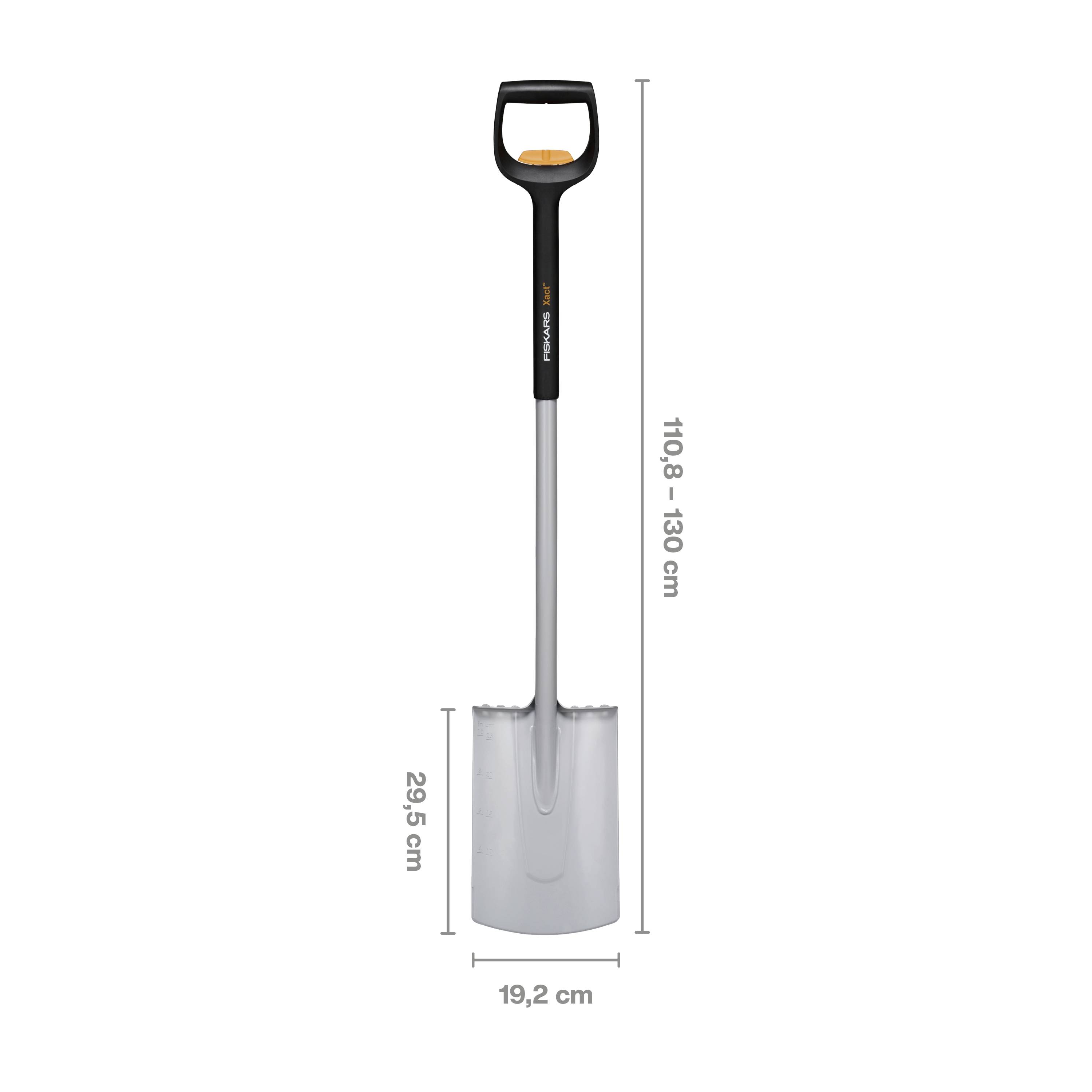 Lopata z teleskopskim kovinskim ročajem, dolžina 110,8-130 cm, list lopate 19,2 cm, ročaj na vrhu, črno-siv dizajn.