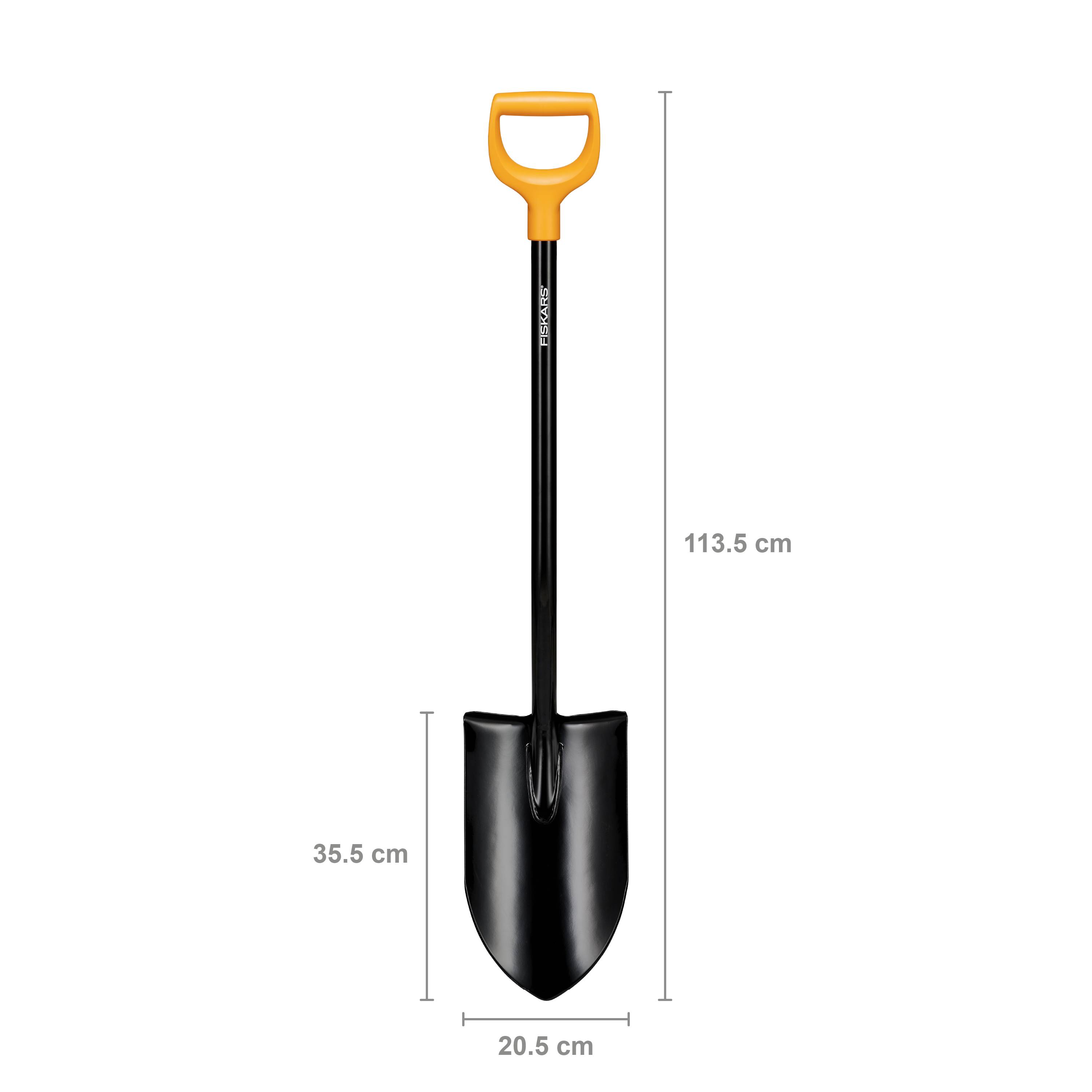 Lopata z oranžnim ročajem, 113,5 cm dolga, list lopate 35,5 cm visok, 20,5 cm širok.