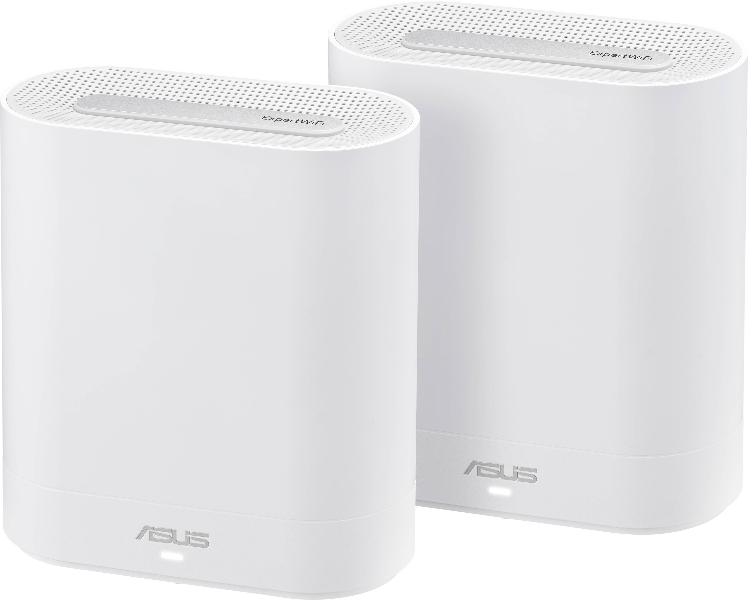 Dva bela usmerjevalnika znamke Asus modela 'ExpertWiFi' stojita eden poleg drugega. Imata minimalistično zasnovo.
