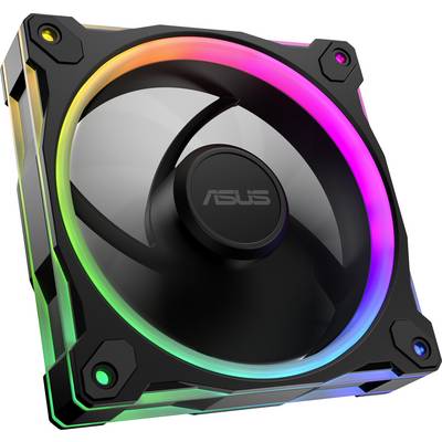 Črn računalniški ventilator z RGB osvetlitvijo, ki sveti v več barvah ob robovih in v sredini, z blagovno znamko 'ASUS' na sredini.