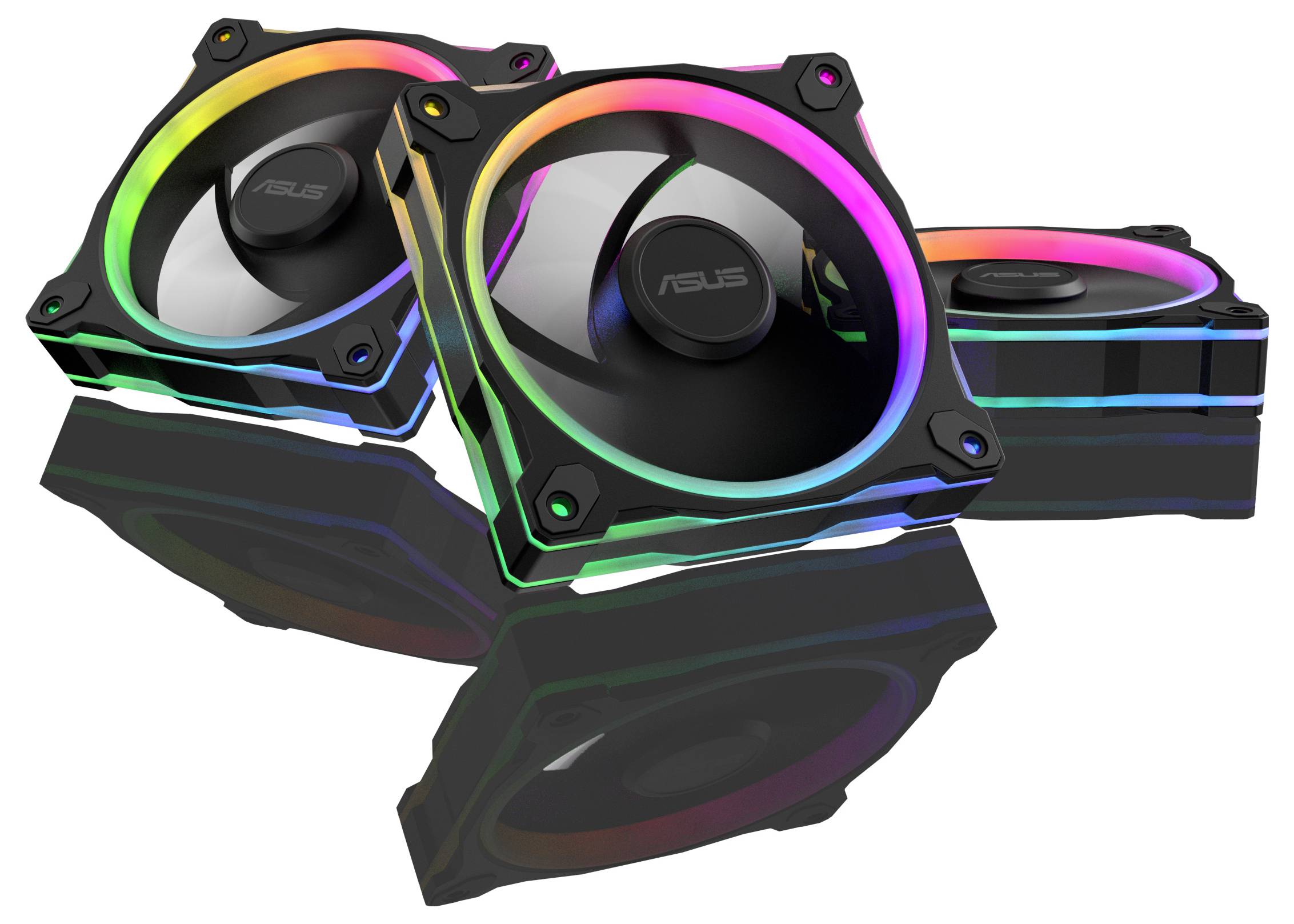 Trije RGB računalniški hladilni ventilatorji s pisanimi LED lučkami.