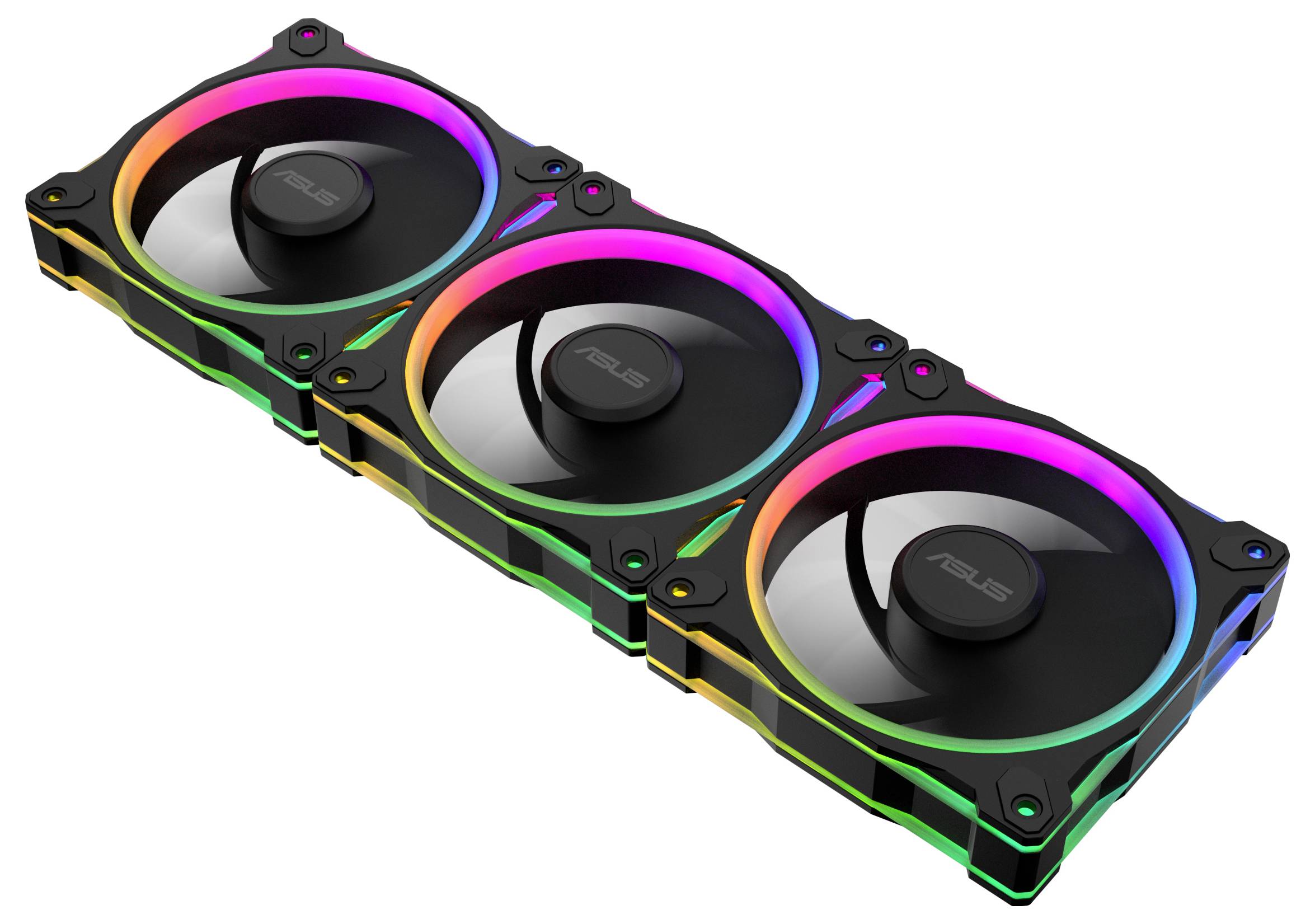 Trije računalniški ventilatorji Asus z RGB osvetlitvijo v vrsti, ki prikazujejo živahno večbarvno osvetlitev, primerni za hlajenje računalnika.