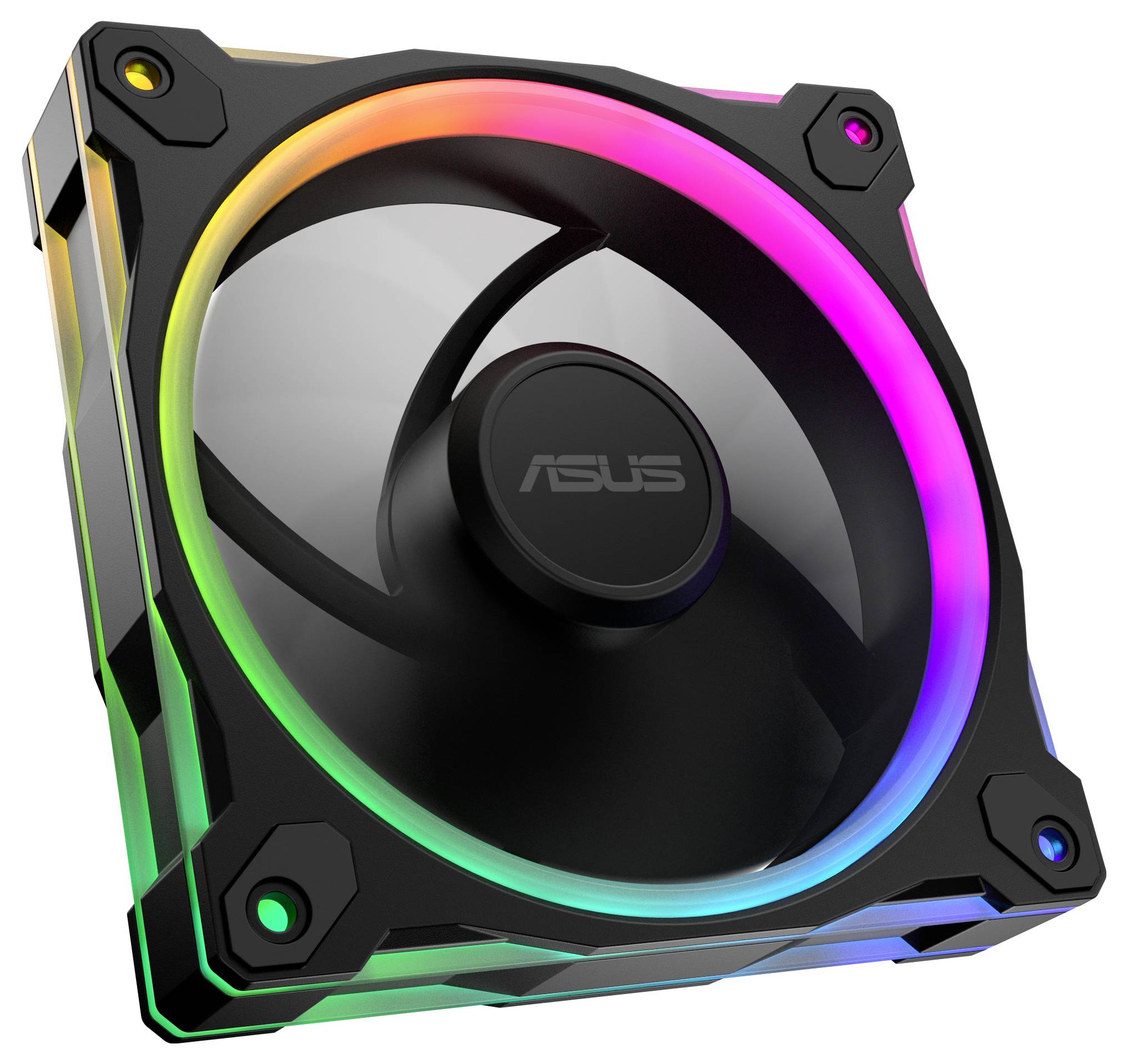Računalniški hladilni ventilator z osrednjo logotipom, obdanim z RGB osvetlitvijo. Ventilator je črn z prosojnim dizajnom lopatic.