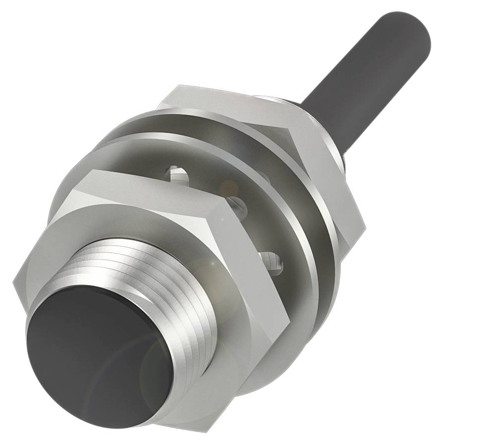 Cilindrični kovinski senzor s plastično konico, primeren za zaznavanje ali merjenje, vgrajen v tehnične naprave.