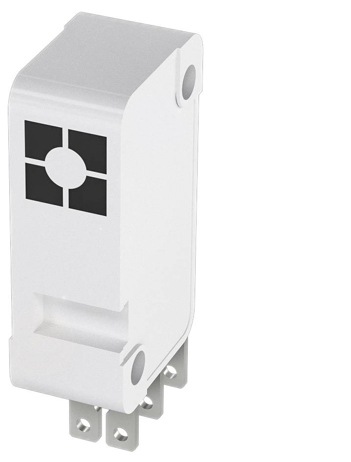 Bela elektronska komponenta s štirimi kovinskimi priključki in črnim simbolom v zgornjem levem kotu na površini.