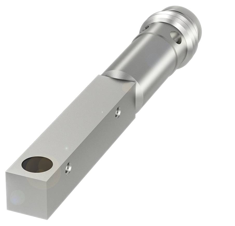 Kovinsko cilindrični adapter s kvadratnim osnovnim delom in dvema majhnima navojna luknjama. Industrijska uporaba.
