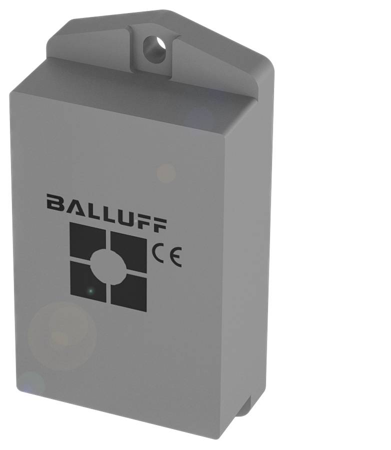 Pravokotna, siva naprava z napisom 'BALLUFF' in znakom CE, verjetno industrijski senzor ali transponder.