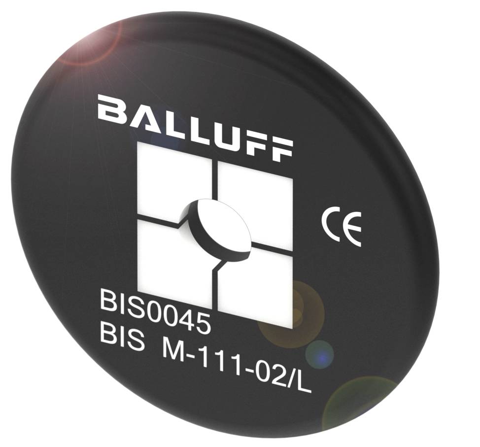 Okrogli RFID-podatkovni nosilec podjetja Balluff z modelno številko BIS0045 in CE-označitvijo.