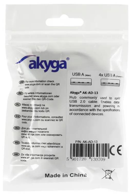 Plastična vrečka z napisom 'akyga' na vrhu. Vsebuje USB-2.0 razdelilnik model AK-AD-13, primeren za prenos med USB-A napravami.