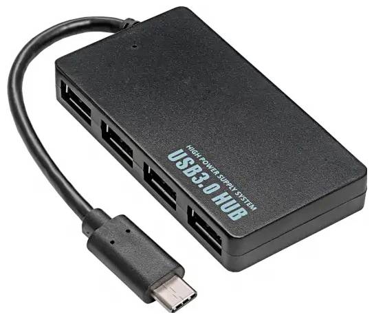 Črn USB 3.0 razdelilnik s petimi priključki in kratkim kablom, primeren za priključevanje več USB naprav na računalnik.