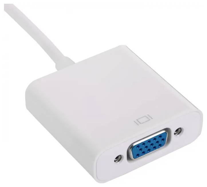 Bel VGA-adapter, pravokotne oblike, z modrim VGA-priključkom na eni strani in kratkim kablom na drugi strani.