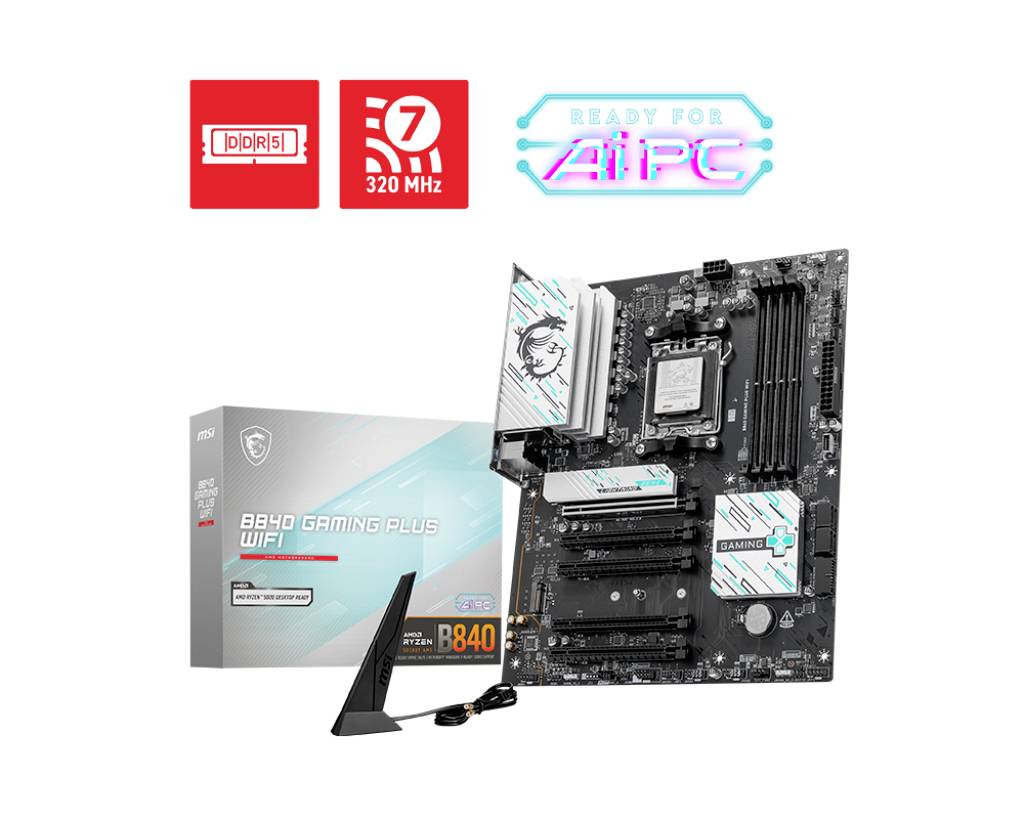 Matična plošča 'BB40 Gaming Plus WiFi' poleg embalaže in antene. Logotipi zgoraj: DDR5, 320 MHz, Ready for AI PC. Vidni so detajli matične plošče.