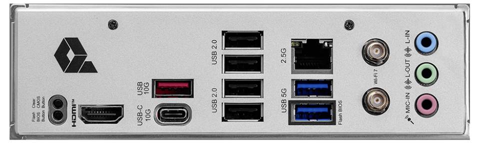 Zadnja stran računalniškega ohišja z različnimi priključki: HDMI, USB-C, več USB 2.0 in 3.0, Ethernet, zvočni priključki.