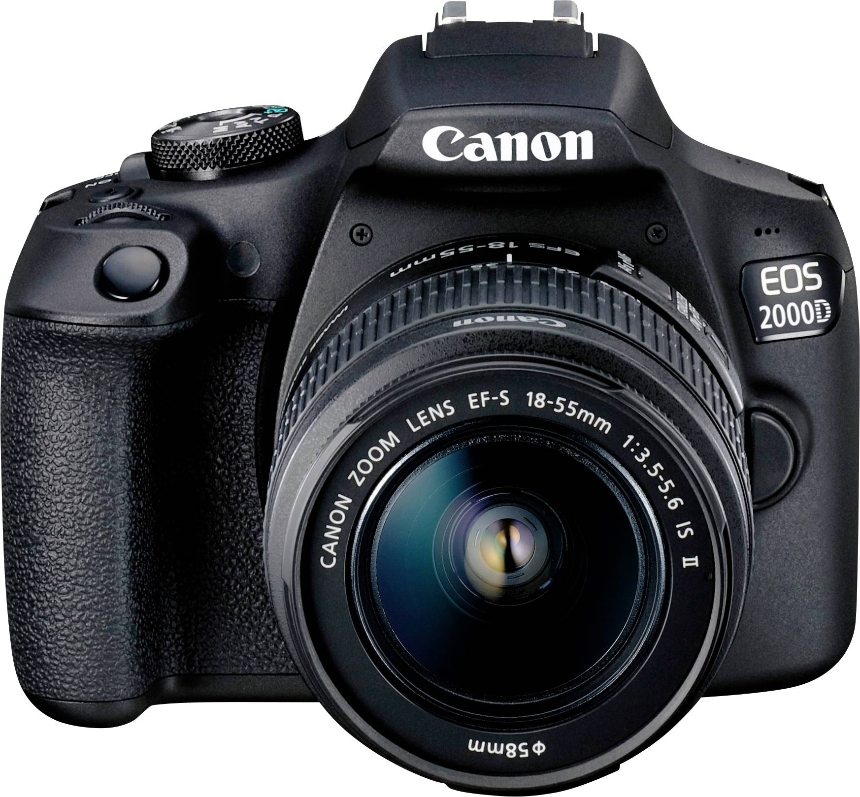 Digitalna kamera s črnim ohišjem, označena z 'Canon EOS 2000D'. Opremljena z zoom objektivom EF-S 18-55 mm.