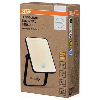 Embalaža 'OSRAM Floodlight Essential Sensor' prikazuje LED svetilko z 900 lumni, 10 W, 3000 K, IP65. Vsebuje: senzor, topla barva svetlobe.