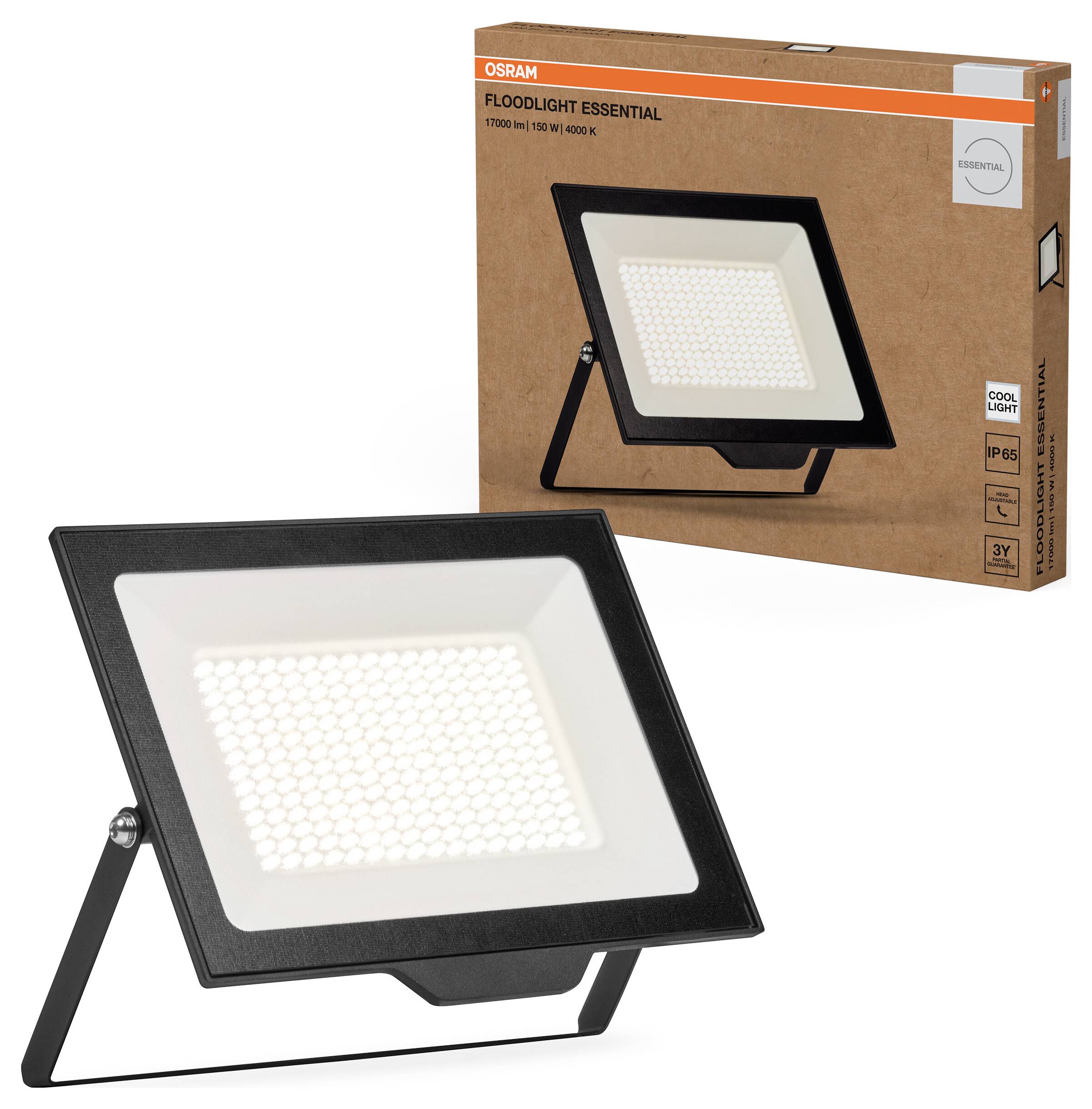 Črna OSRAM LED-reflektorska svetilka pred svojo embalažo. Embalaža prikazuje sliko reflektorja in podrobnosti o izdelku.