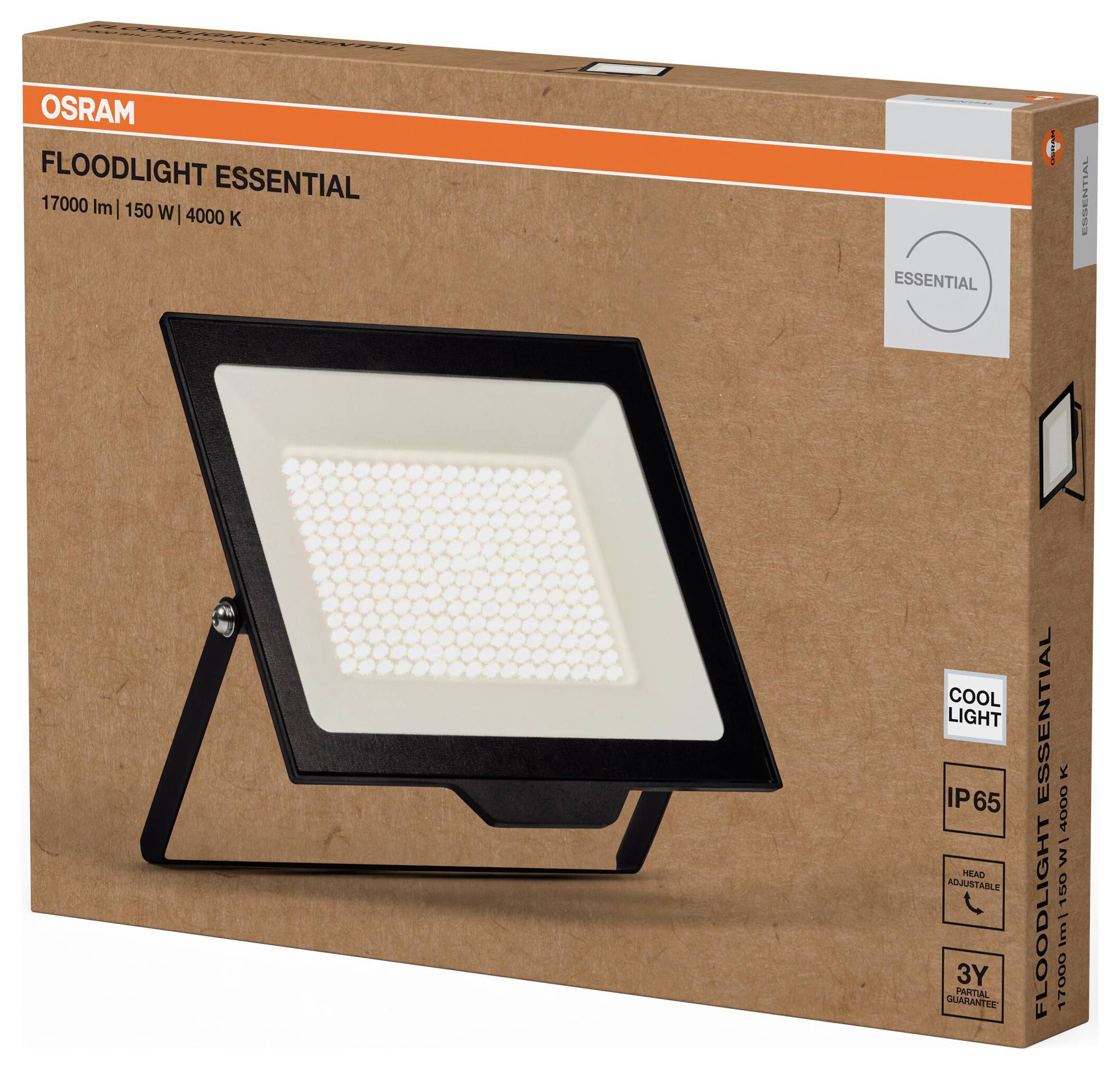 Embalaža svetilke Osram Floodlight Essential, 17000 lm, 150 W, 4000 K. Prikazuje sliko svetilke, IP65, 3 leta garancije.