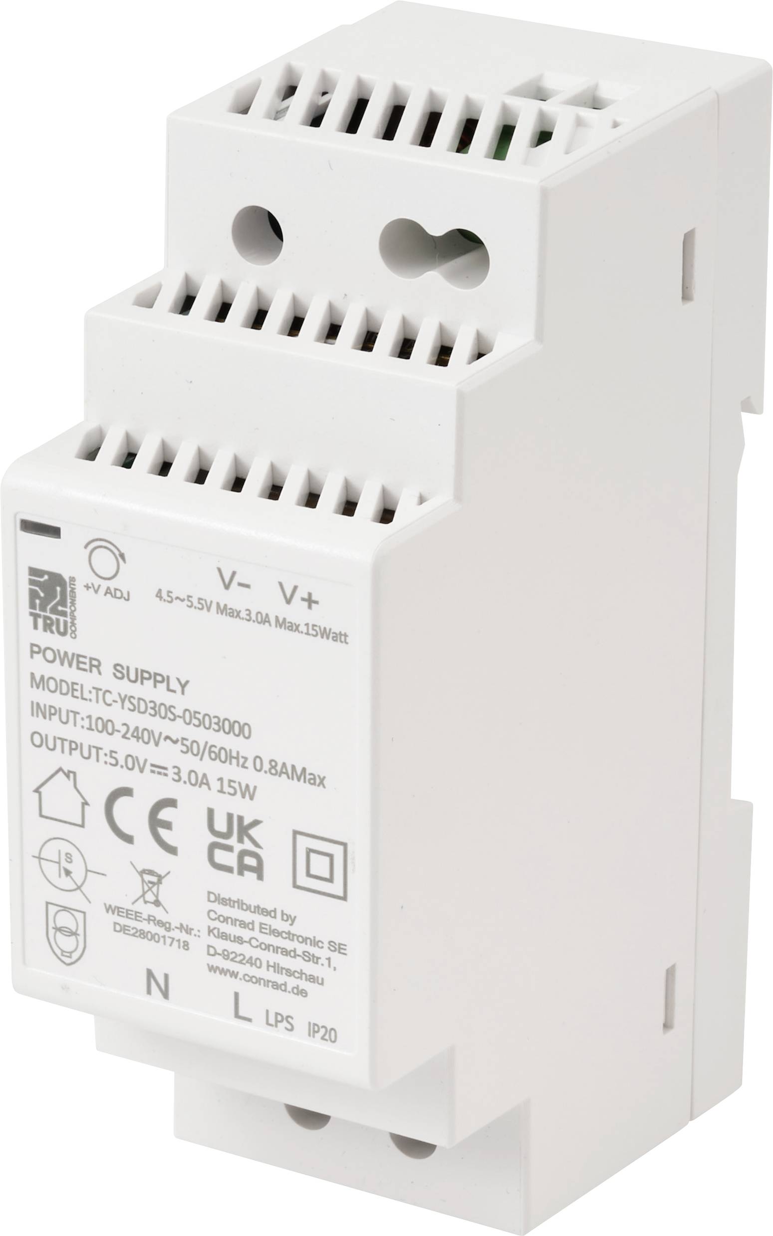 TRU COMPONENTS TC-13713368 napajanje za DIN-letev Poraba (stanje pripravljenosti) 0.3 W 5 V/DC 3 A 15 W Število izhodov:-0