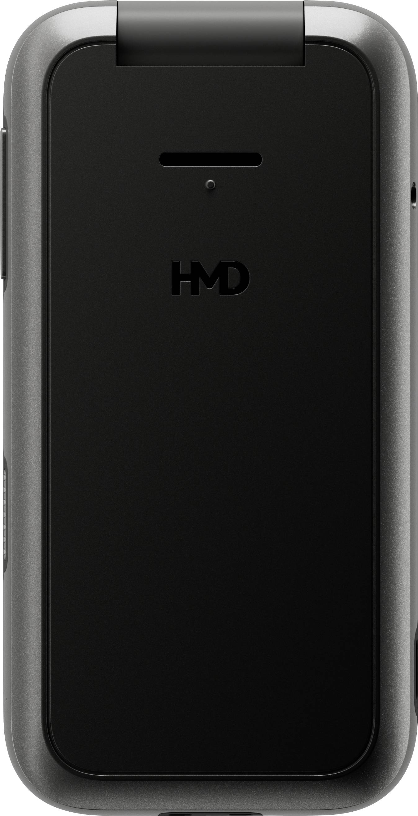 Črn zložljiv telefon z logotipom 'HMD' na sprednji strani. Naprava ima zaobljene vogale in deluje kompaktno.