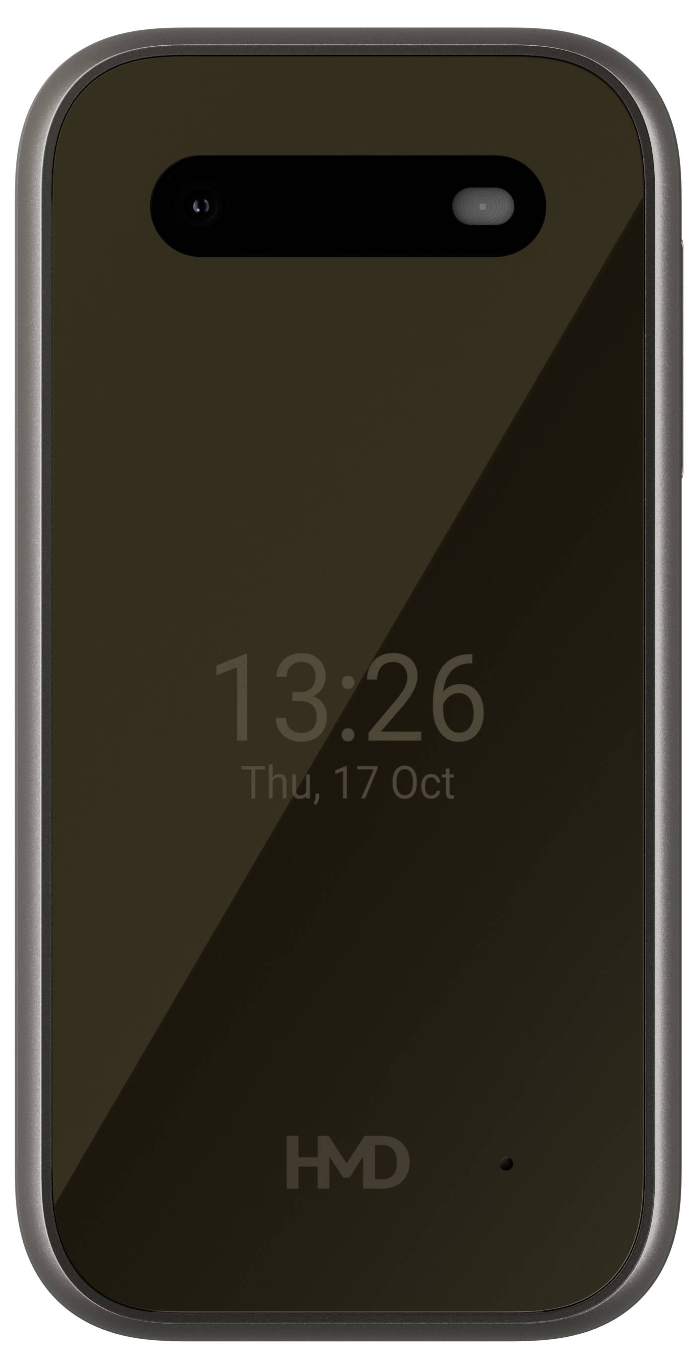 Zložljivi telefon od spredaj v zaprtem stanju. Na zaslonu sta vidna ura in datum, '13:26 Thu, 17 Oct'.