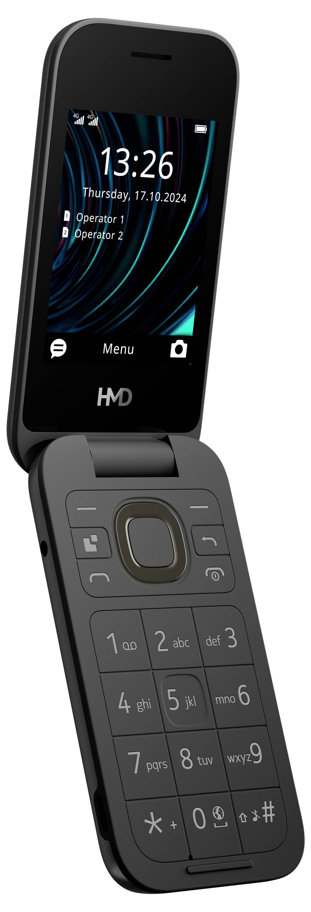 Črn zložljiv mobilni telefon z velikimi tipkami in zaslonom, ki prikazuje datum in uro.