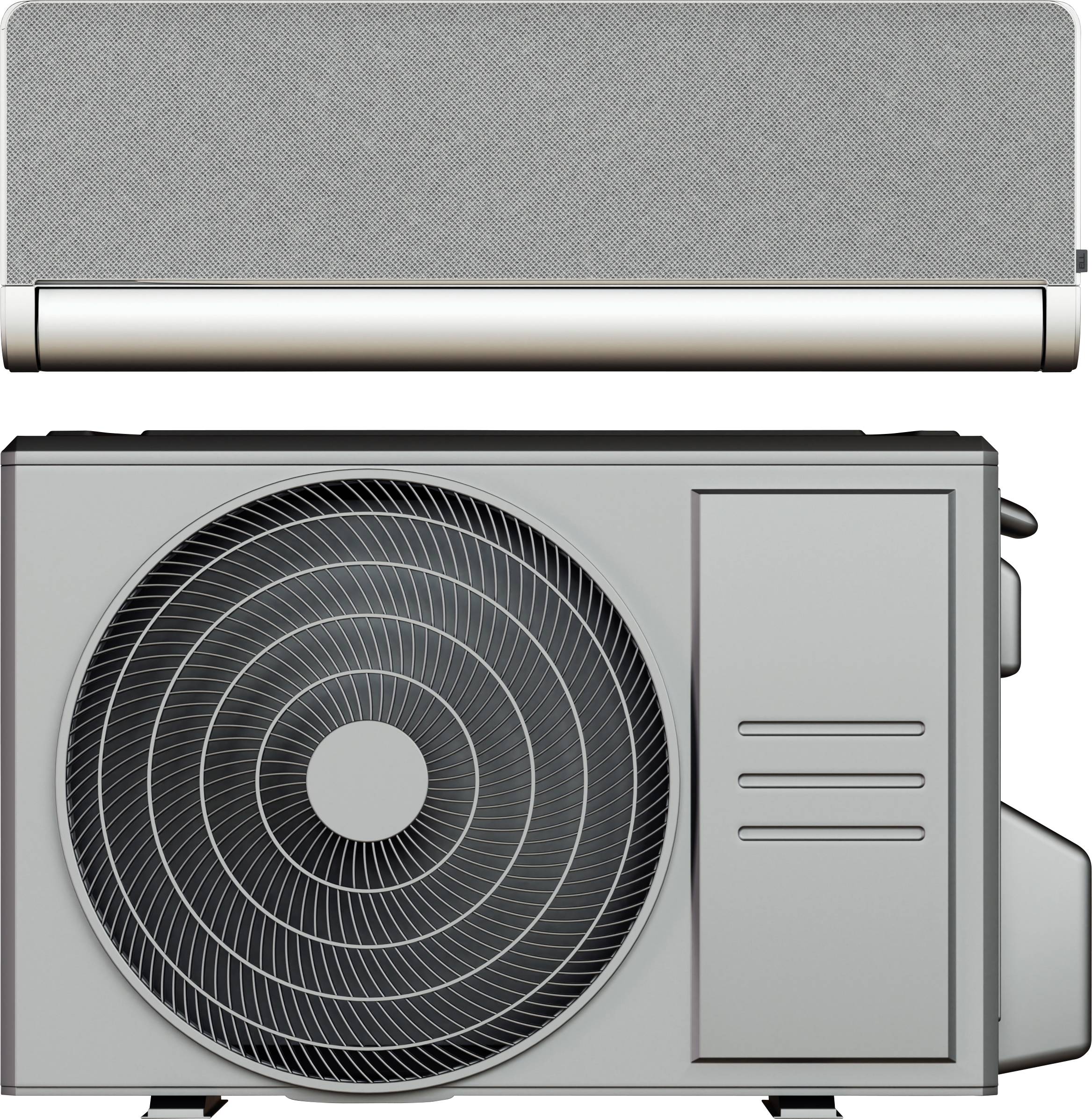 Moderna klimatska naprava z notranjo in zunanjo enoto. Notranja enota ima sivo ohišje, zunanja enota prikazuje ventilator.