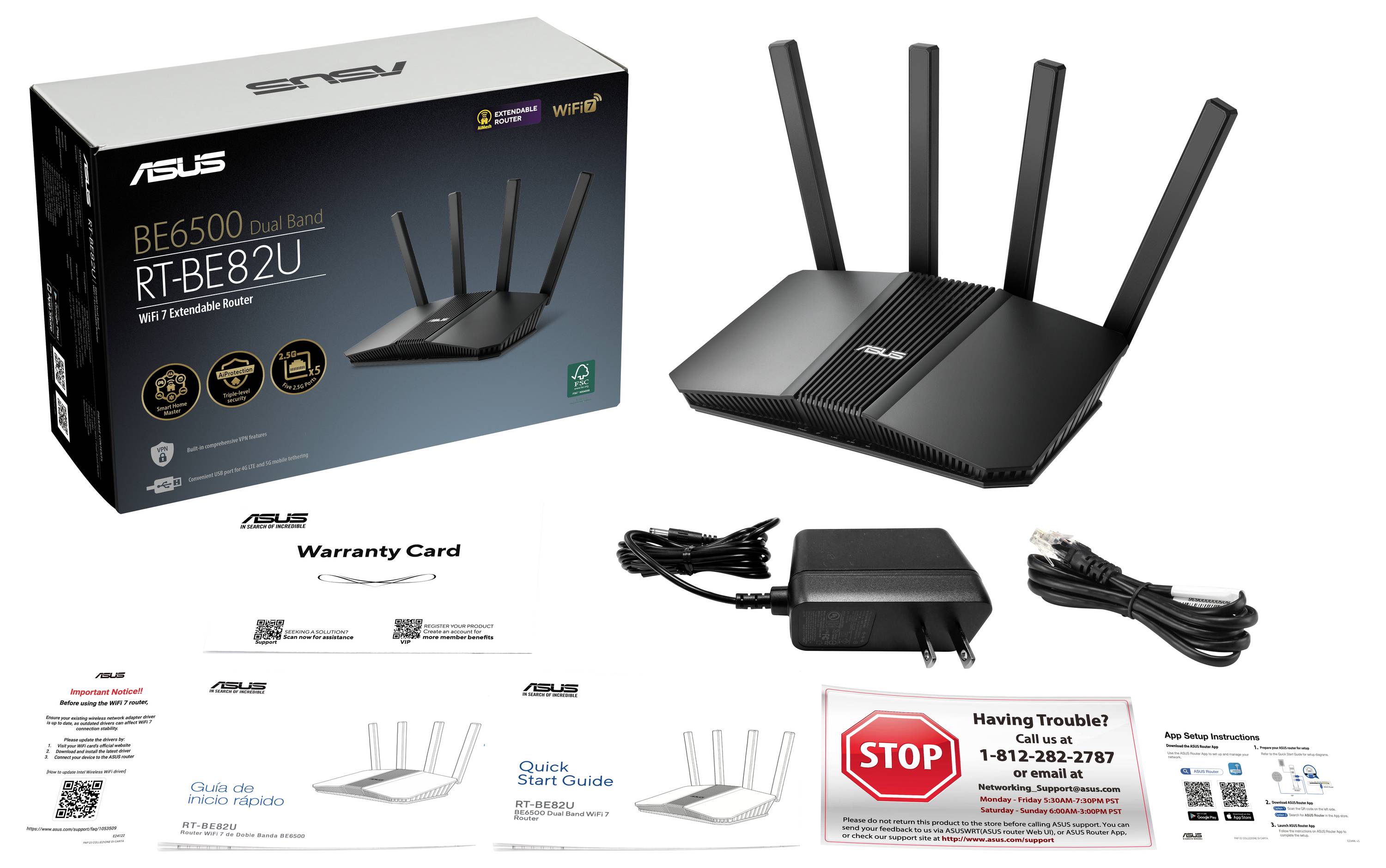 Komplet usmerjevalnika Wi-Fi 6: črn usmerjevalnik s štirimi antenami, napajalnik, omrežni kabel Ethernet, garancijska kartica, hitri vodnik za začetek in podporne informacije.