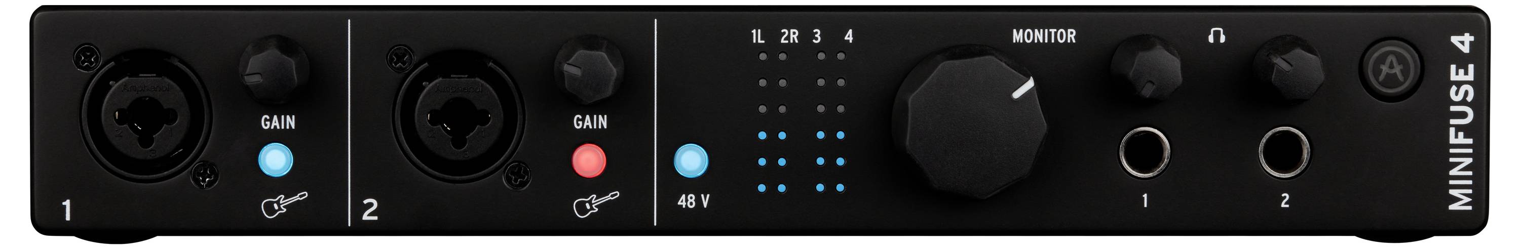 Zvočni vmesnik podjetja Arturia z dvema mikrofonsko/instrumentalnima vhodoma, regulatorji ojačanja, 48V fantomskim napajanjem in regulatorjem glasnosti.
