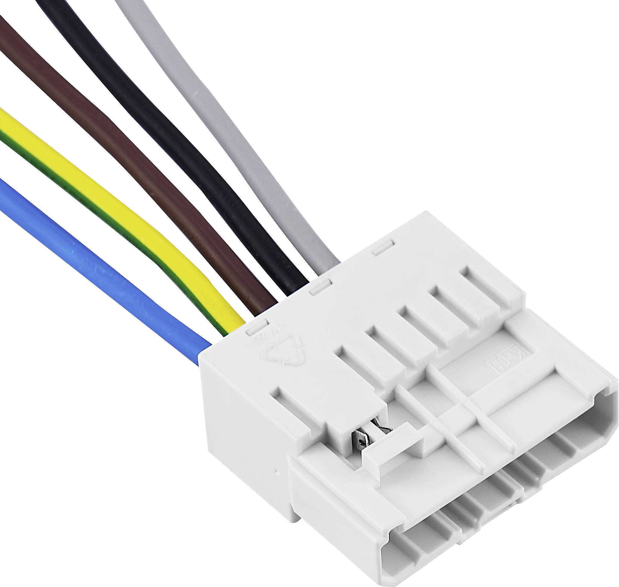 Bel vtičnik s šestimi barvnimi kabli (moder, rumeno-zelen, rjav, črn, siv) vodi električne signale.