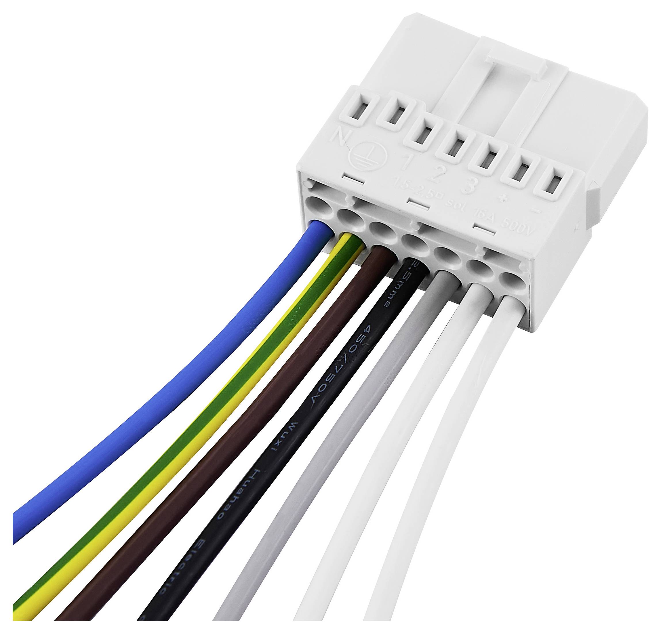 Večbarvni kabli, povezani z belim električnim vtikačem. Kabli so modri, rumeno-zeleni, rjavi, črni, sivi in beli.