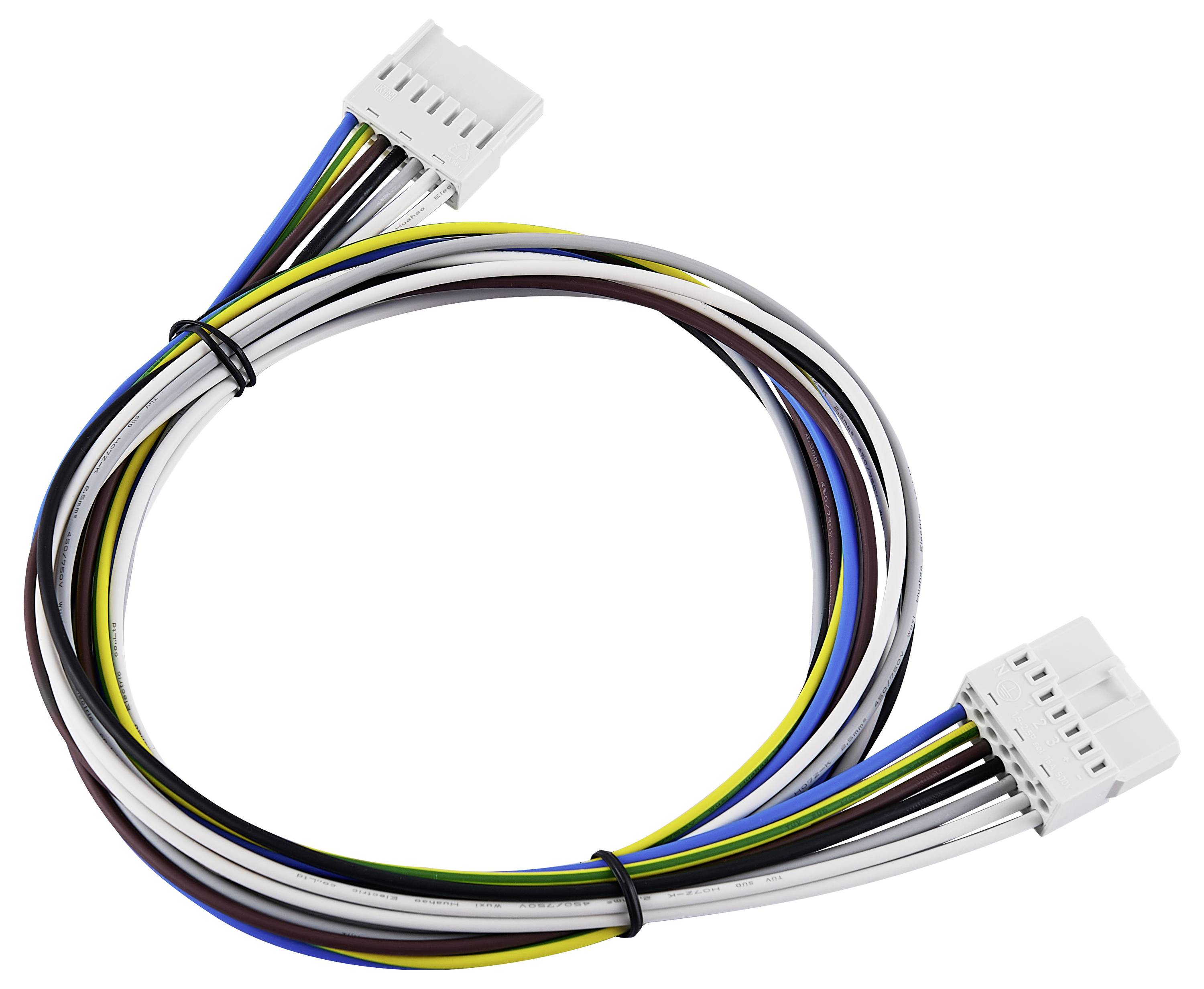 Kabel z večbarvnimi žicami, povezan z belimi vtičnicami na obeh koncih. Primeren za električne povezave.
