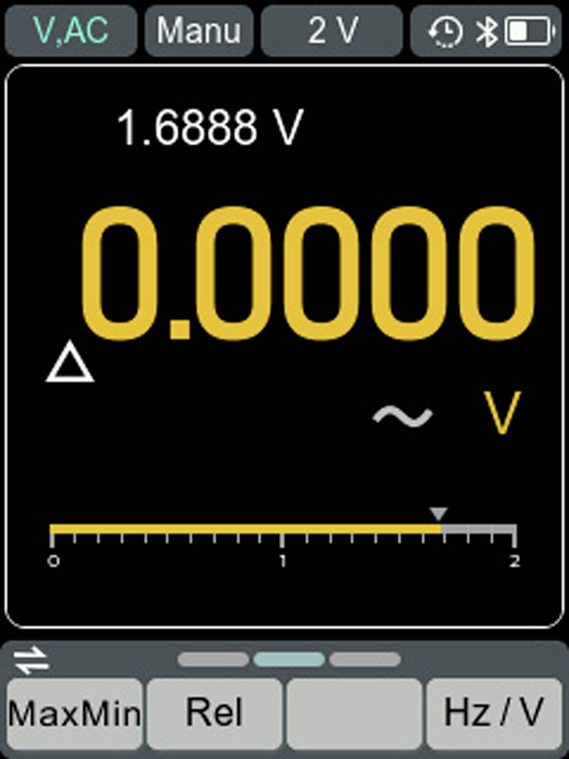 Digitalni multimeter prikazuje način merjenja napetosti na območju 2V, z odčitkom 0,00000 voltov in možnostmi za izmenični tok (AC) ter ročni način.