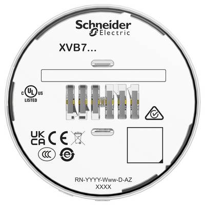 Schneider Electric oznaka krožnega izdelka za modul XVB7, ki prikazuje certifikacijske znake, diagram priključka in kodo modela RN-YYYY-Www-D-AZ.