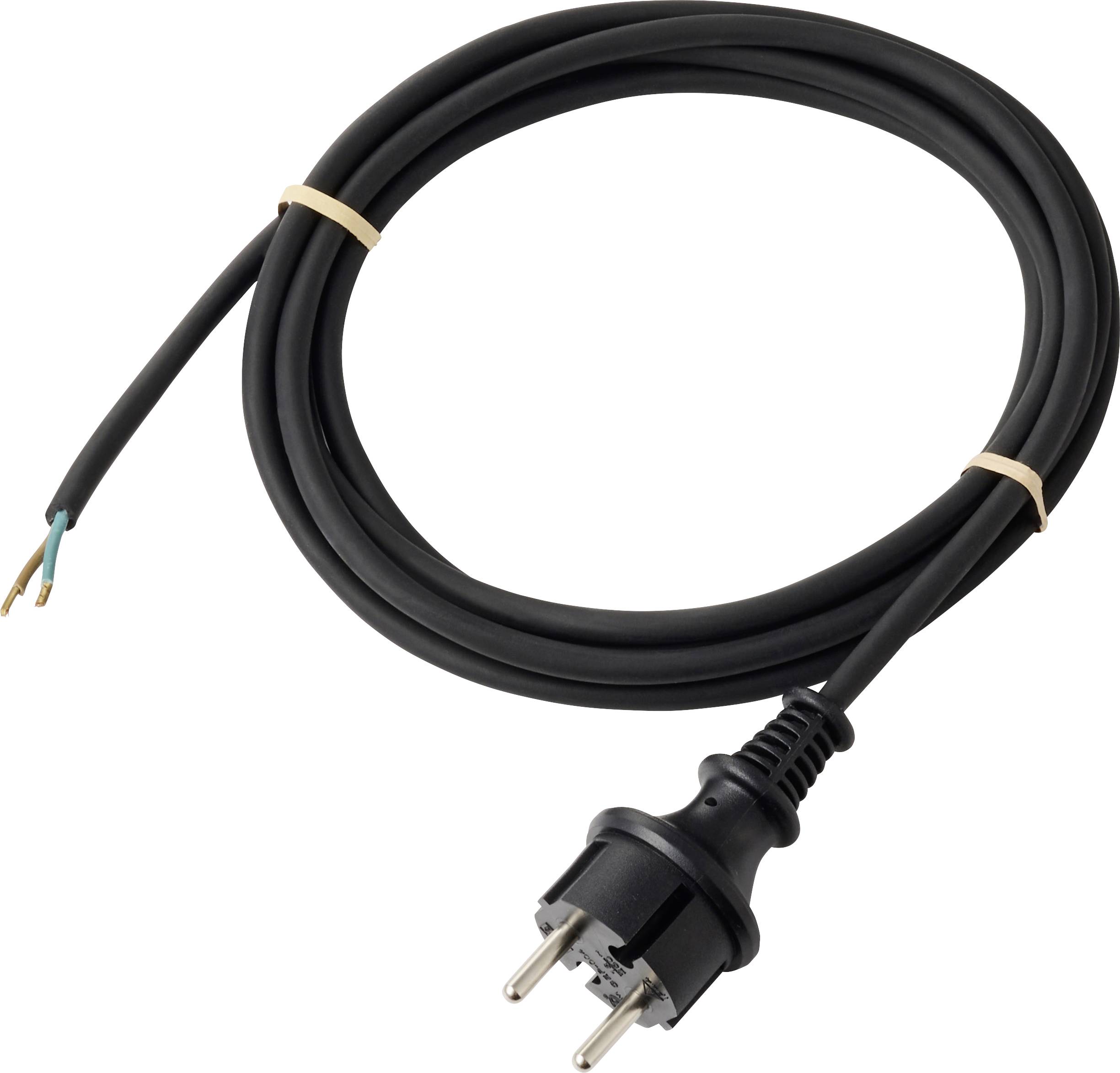 Črn električni napajalni kabel z evropsko vtičnico na enem koncu in golimi žicami na drugem, zvit z dvema gumijastima trakovoma.