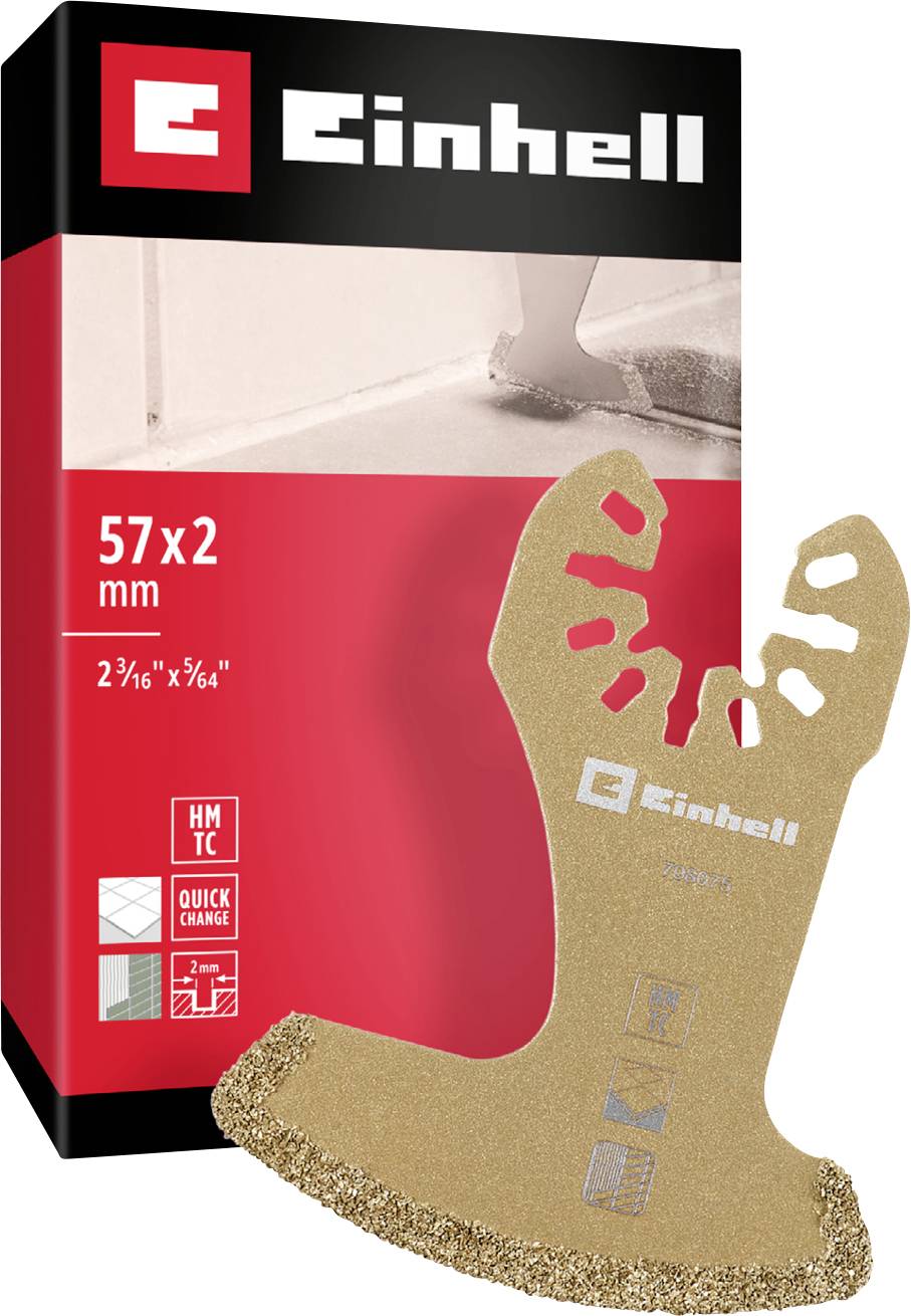 Embalaža Einholl žagnega lista velikosti 57x2 mm za natančne reze. Prikazuje proizvod z logotipom HM-TC in Quick-Change.