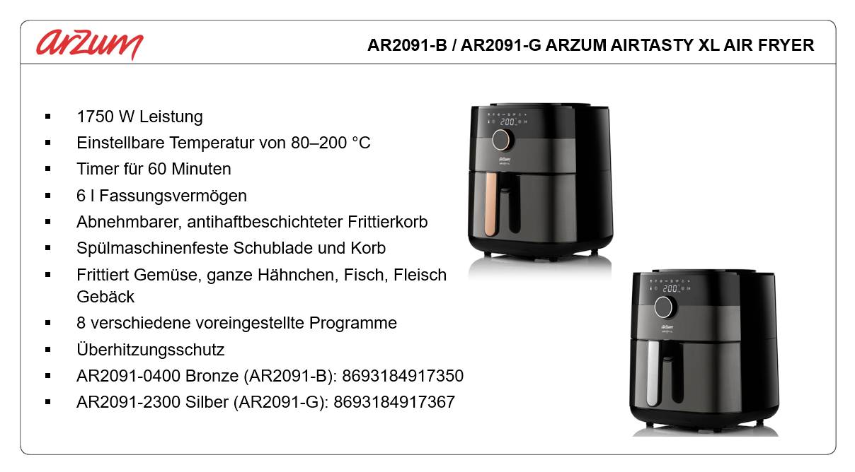 arzum AIRTASTY XL friteza in vroči zrak 6 l z zaslonom, casovna funkcija črna, bronasta-11